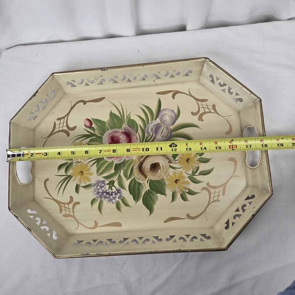 Vintage Toleware Vanity Perfume Tray Hand Painted Floral Octagonal Cottage Decor - Picture 3 of 16